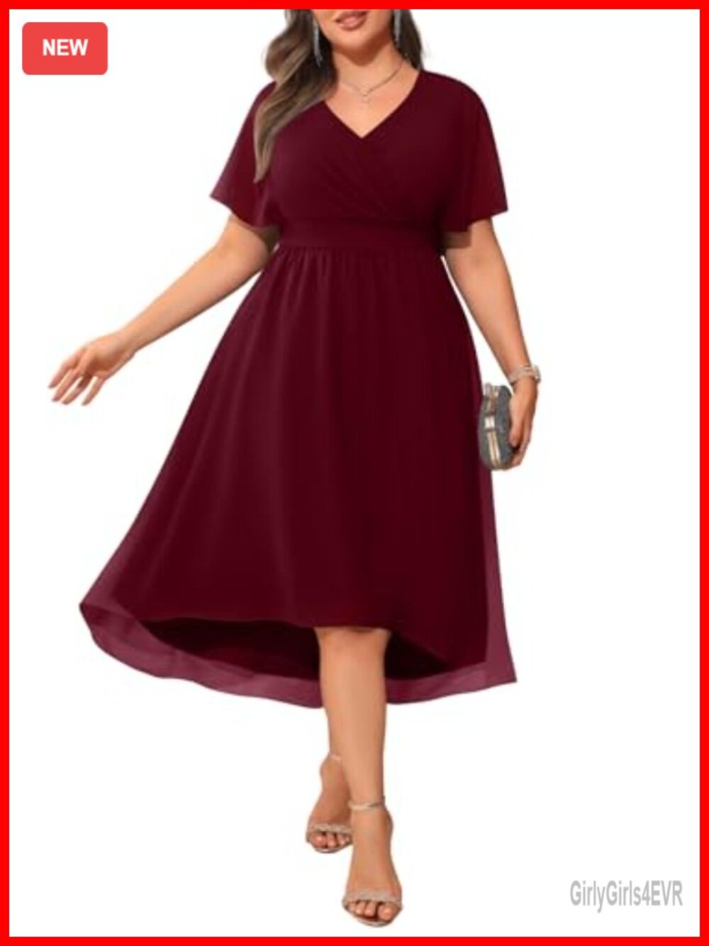 Plus Size Chiffon High Low Midi Dress V-Neck Flutter Sleeve Formal